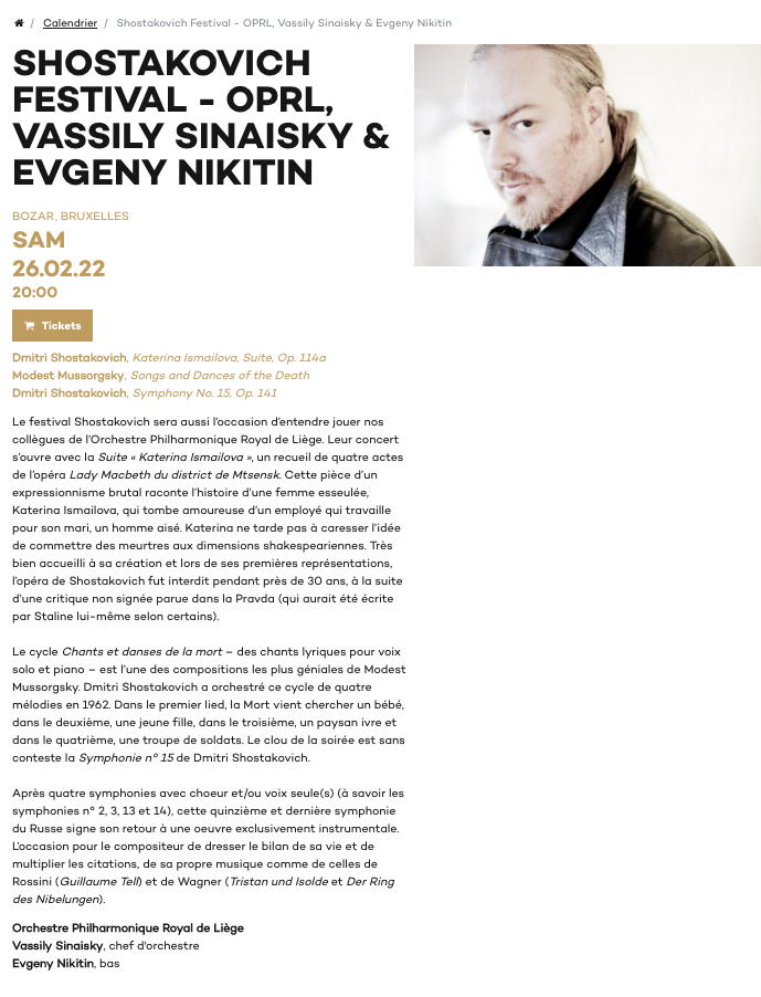 Page Internet. Beaux-Arts. Shostakovich Festival - OPRL Vassily Sinaisky & Evgeny Nikitin. 2022-02-26